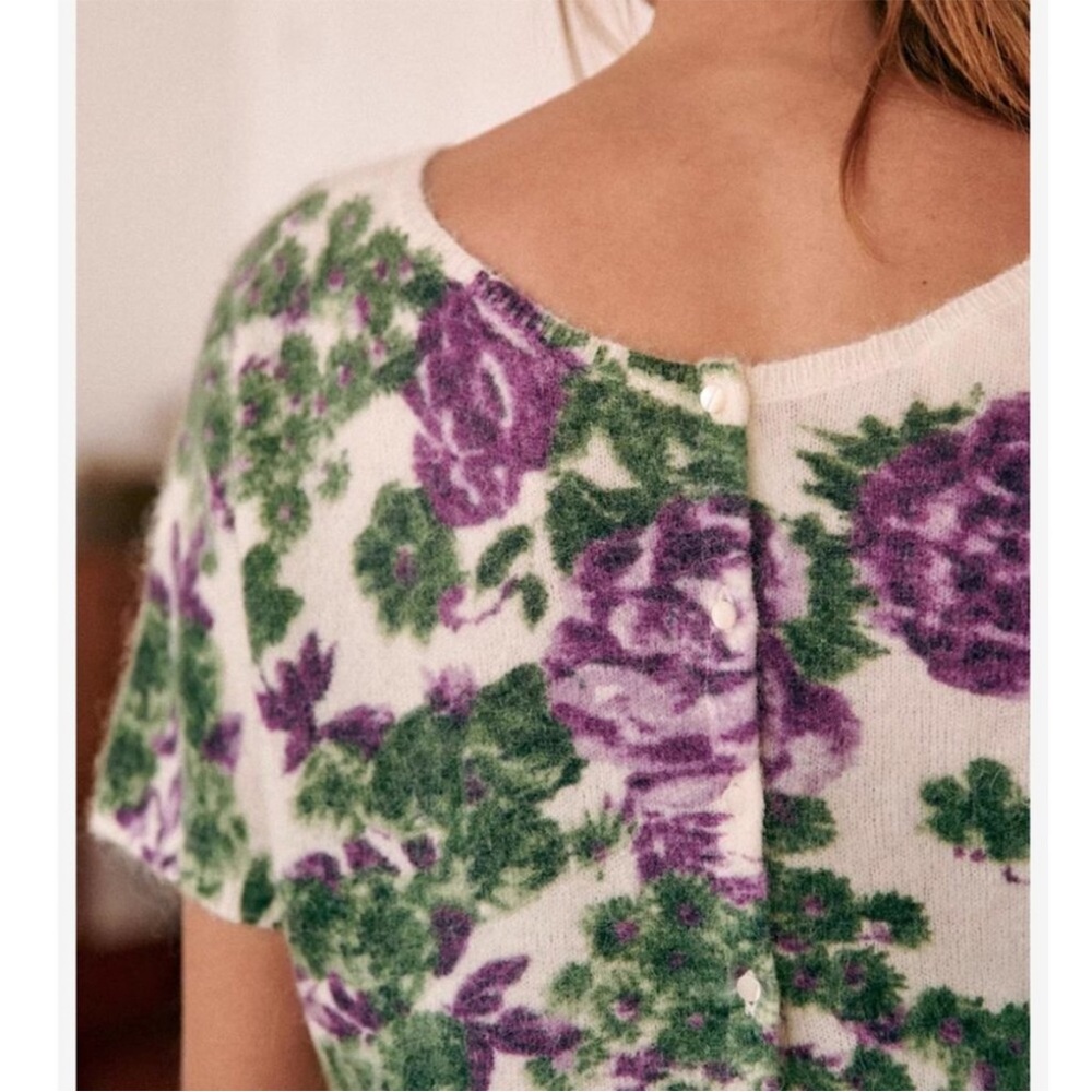 SEZANE Ecru Purple Floral Mohair Wool Knit Fuzzy Reversible Short Sleeve Sweater